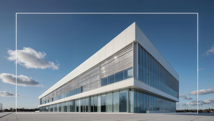Modern white office building with glass facade under blue sky