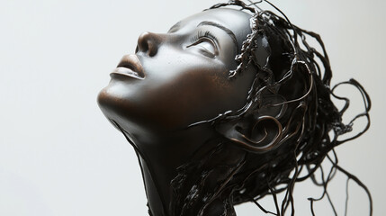 A hybrid figure looking upward, their human hair blending into metallic strands on the robotic half