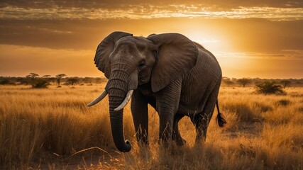 Obraz premium Elephants at sunrise in golden savanna