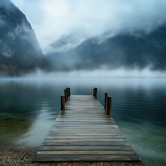 Captivating lake pier framed Austrian mountain backdrop picture
