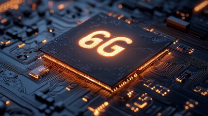 A futuristic representation of 6G technology featuring an illuminated microchip and neon circuitry