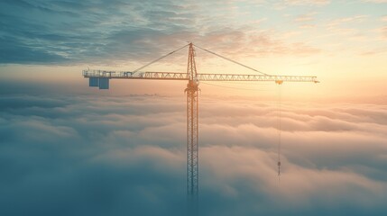 Tower crane extending above the clouds, symbolizing monumental architectural ambitions.
