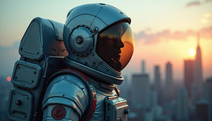 Astronaut in retro spacesuit silhouetted against a city skyline at sunset.
