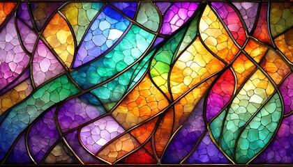 A vibrant and colorful stained glass panel showcasing intricate and curved abstract designs in multiple shades