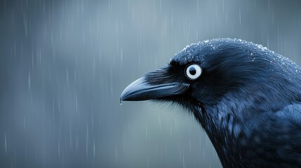 Fototapeta premium Close-up of a black bird with water droplets on its face and raindrop on head