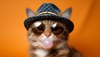 A cat blowing a chewing gum, wearing sunglasses and wearing a fedora hat; on an orange background