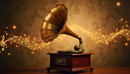 Antique gramophone with a large horn plays nostalgic music  evoking a vintage atmosphere.