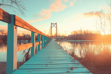 Naklejka premium Beautiful sunset view from a wooden bridge over a calm river with reflections on water and soft clouds