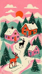 Pink and Green Naïve Christmas Village – Whimsical Modern Holiday Art