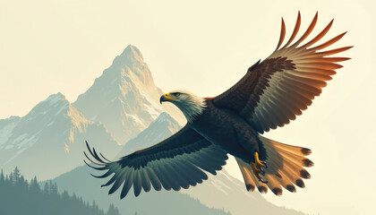 Obraz premium A majestic bald eagle soars gracefully over snow capped mountains wings outstretched in freedom.