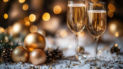New Year's Eve champagne glasses filled with bright festive holiday lights