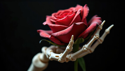 A skeletal hand delicately holds a single  deep red rose against a stark transparent background.