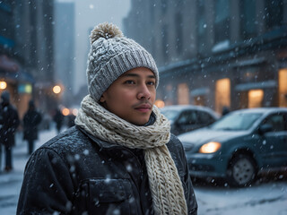 A man braving the cold in a frosty street, wearing warm clothing, capturing the essence of a chilly winter day outdoors.
