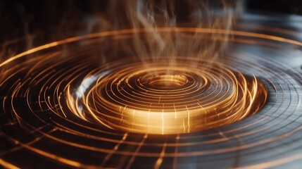 Fototapeta premium Glowing orange concentric circles with smoke effect, abstract technology background.