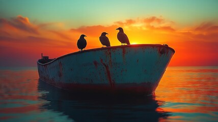 Boat with birds perched on it during a vibrant sunset