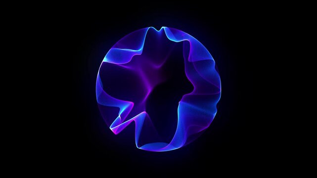 Bright glowing rotating particle 3d sphere in universe. Abstract technology, science, engineering and artificial intelligence  isolated background. Animated wave energy ball. Purple laser. 4k loop.