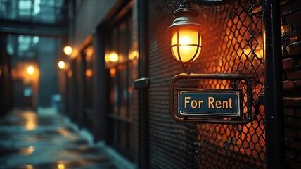 Vintage street lantern glowing in narrow alleyway