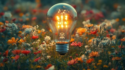 Light bulb glowing warmly among colorful flowers in a field at dusk