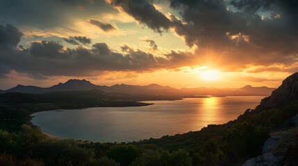 Golden hour paints the sky with vibrant hues as the sun sets over a serene bay, casting a warm glow on the tranquil waters and distant mountains.