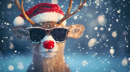 A New Year's and Christmas reindeer smiling while looking straight ahead, wearing a red nose, glasses, and a Christmas hat, with Rudolf the reindeer in a festive atmosphere.