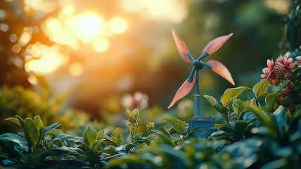 Mini wind turbine surrounded by green plants and flowers during a sunny day