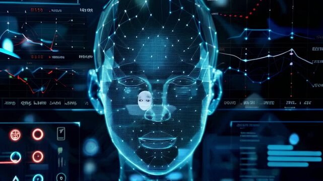 Facial recognition technology, woman face with lines of AI biometric system on computer screen, digital scanning of person. Concept of identification, data, hud, deepfake. 