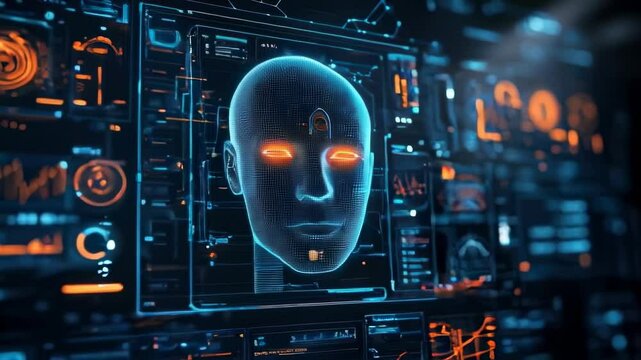 Facial recognition technology, human face on computer screen. Concept of identification, deepfake, AI, biometric system. 