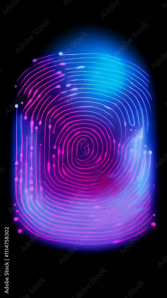 Poster neon fingerprint glowing on dark background representing biometric scanning, digital identification,