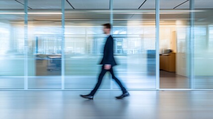 Fototapeta premium A profile portrait of a man walking in a contemporary minimalist office. 