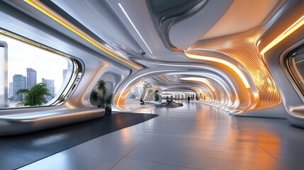 Obraz premium Futuristic City Lobby Design with Panoramic Views