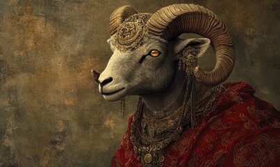 A majestic ram adorned with intricate jewelry and a regal red cloak, exuding an air of mysticism and power against a textured background.