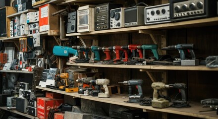 Obraz premium Vintage power tools and electronics displayed on shelves