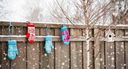 Fototapeta premium Colorful mittens hang on fence with small birdhouse as snow falls, creating wintery scene