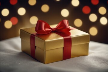 Obraz premium Gold gift box with red ribbon bow Die cut