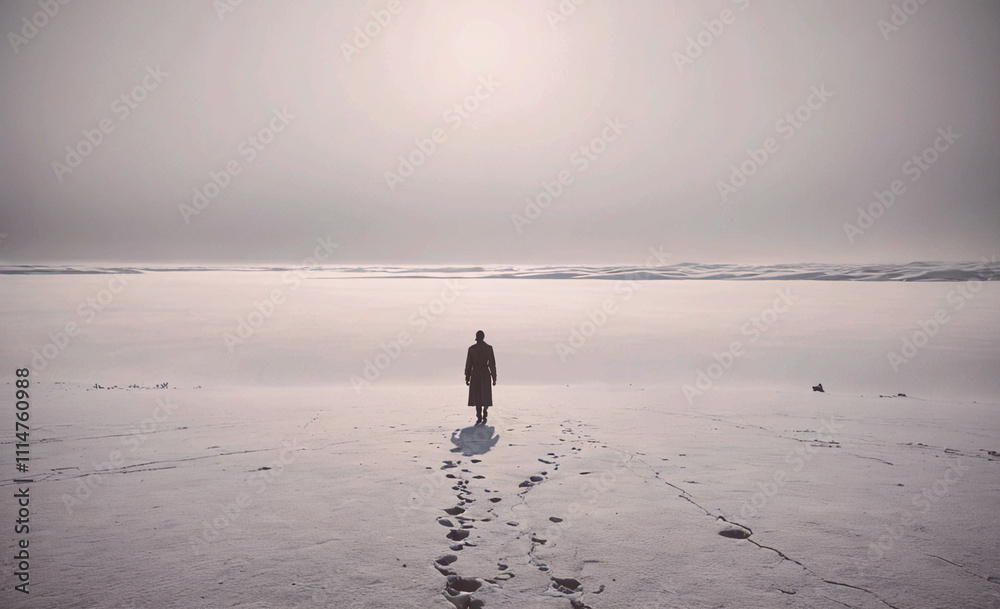 Poster person is standing in the snow on a beach. the sky is cloudy and the sun is setting