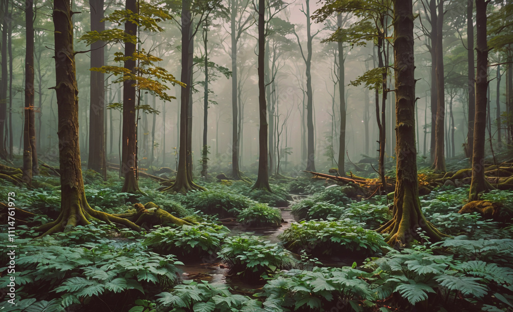 Aufkleber Forest with a stream running through it. The stream is surrounded by plants and trees. The forest is very green and lush