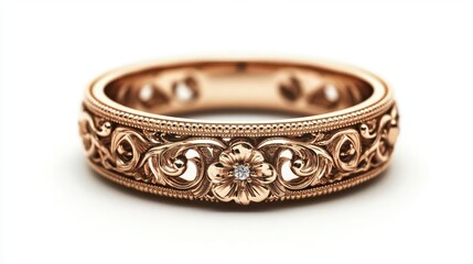 a wedding ring with vintage-inspired design, intricate and elegant, close-up, isolated on white background