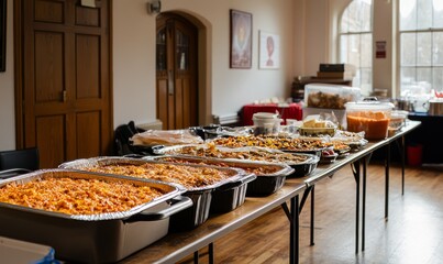 A folding table set up in a church hall overflowing with trays of hearty casseroles steaming soups and festive desserts prepared by members of the community for a charitable