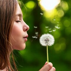 Closeup von einem Mädchen, das in eine Pusteblume pustet (Konzept: Allergie und Pollenbelastung)