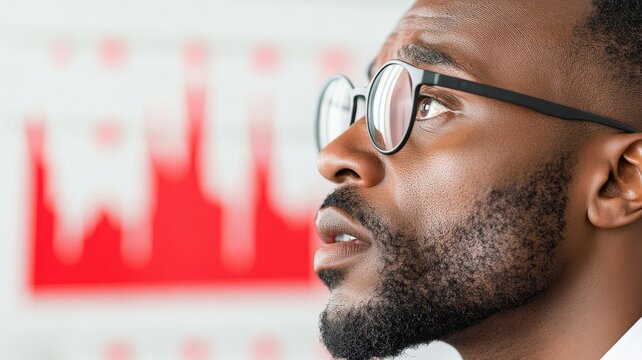 A group of financial advisors in an office, analyzing crisis data displayed on multiple screens filled with red graphs and falling numbers
