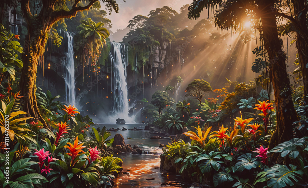 Poster waterfall is in the middle of a jungle. the waterfall is surrounded by trees and plants