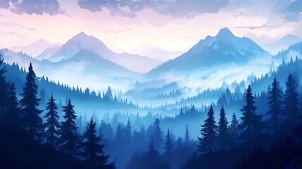 Obraz premium Misty mountain landscape with a vast forest of evergreen trees. Serene blue tones.