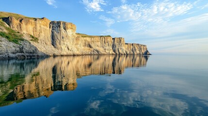 Serene Coastal Cliffs Reflecting in Calm Waters