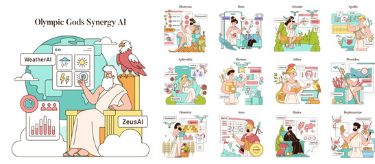 Olympic Gods Synergy AI. Flat Vector Illustration