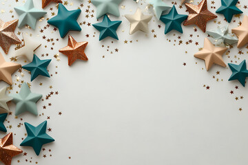 Fototapeta premium Festive New Year frame with colorful stars and sparkling golden accents