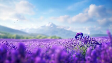Obraz premium A horse grazes on lavender in front of a mountain range with a flying bird overhead