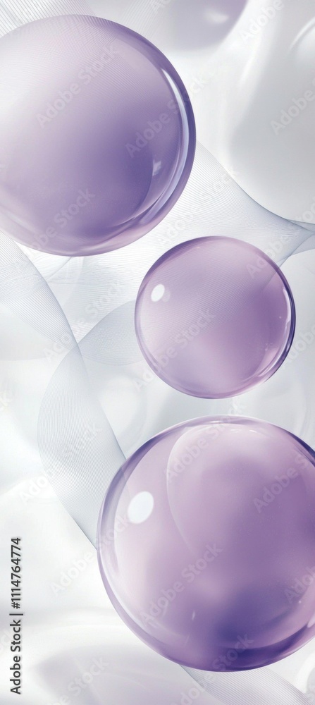 Poster Floating purple spheres create a soft and elegant composition against an abstract white background, enhanced by subtle lines that add depth and dimension to the design