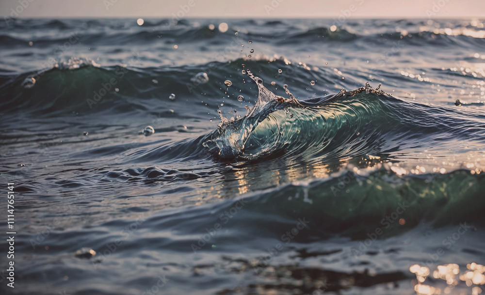 Poster wave in the ocean with water splashing out of it. the water is blue. the wave is crashing