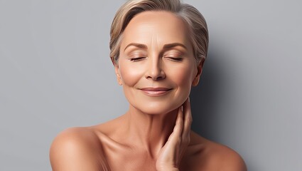 Smile, eyes closed and skincare of mature woman in studio for glow, results or beauty on gray background. Face, happy and model in natural cosmetics for dermatology, anti aging and aesthetic at spa