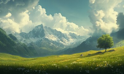 A stunning landscape with grassy hills, solitary trees, and majestic mountains in the background under a cloudy sky.